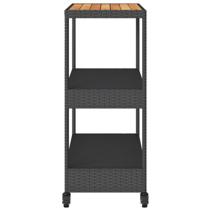 Chariot de bar 3 niveaux noir rotin et bois d'acacia massif – Image 4