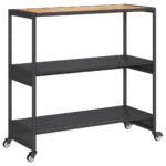 Chariot de bar 3 niveaux noir rotin et bois d'acacia massif – Image 5