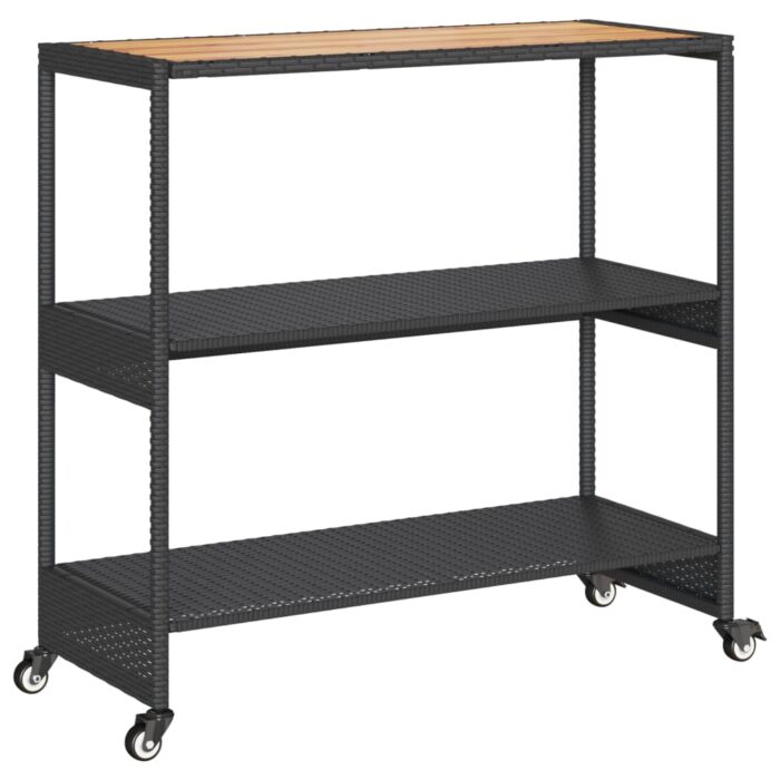 Chariot de bar 3 niveaux noir rotin et bois d'acacia massif – Image 5