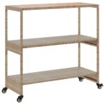Chariot de bar 3 niveaux beige rotin et bois d'acacia massif – Image 5