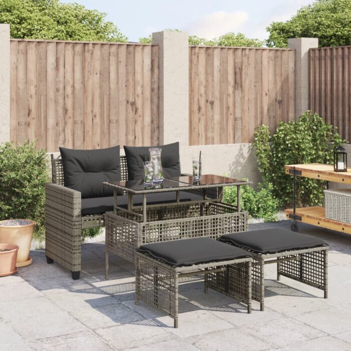 Salon de jardin avec coussins 4 pcs gris résine tressée verre – Image 1