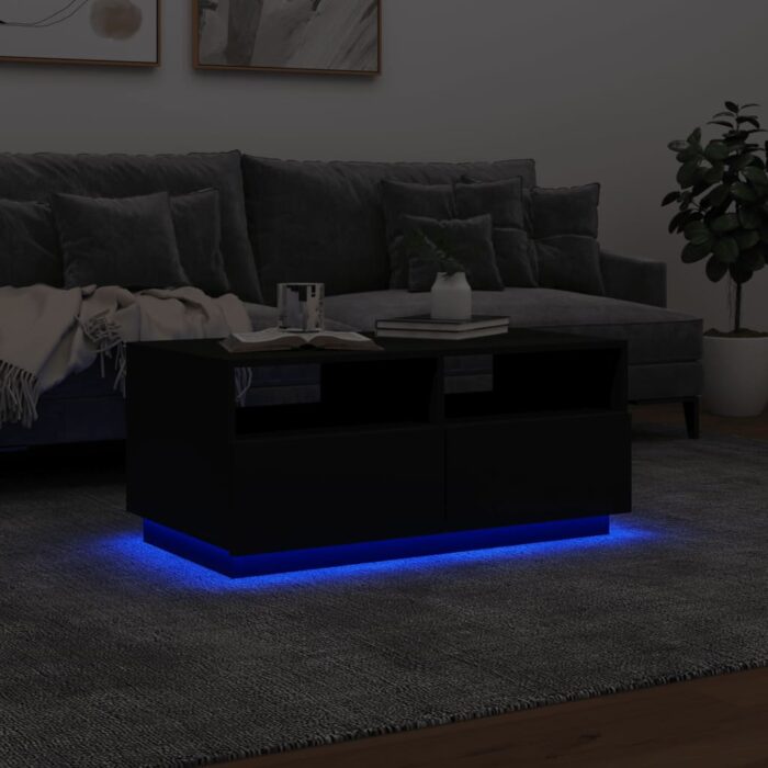 Table basse avec lumières LED noir 90x49x40 cm – Image 3