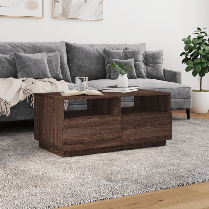 Table basse avec lumières LED chêne marron 90x49x40 cm – Image 2