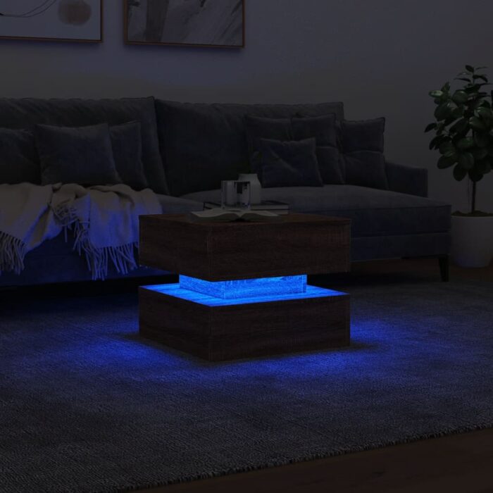 Table basse avec lumières LED chêne marron 50x50x40 cm – Image 3