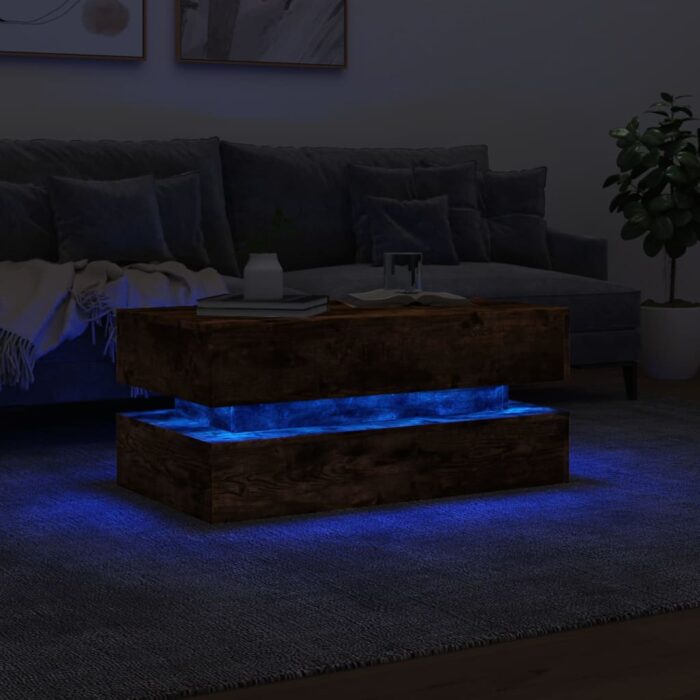 Table basse avec lumières LED chêne fumé 90x50x40 cm – Image 3