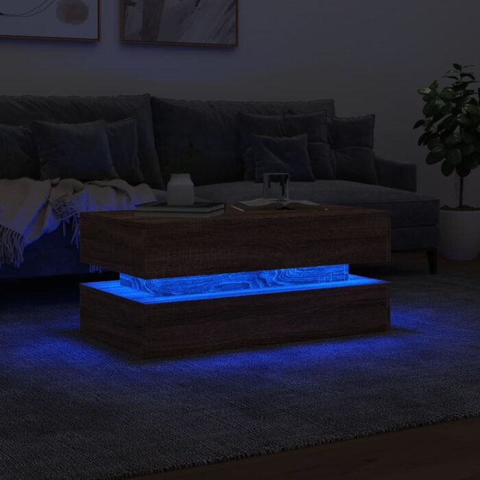 Table basse avec lumières LED chêne marron 90x50x40 cm – Image 3
