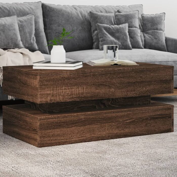 Table basse avec lumières LED chêne marron 90x50x40 cm – Image 1