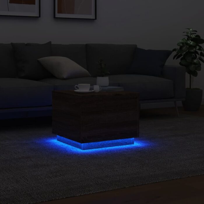 Table basse avec lumières LED chêne marron 50x50x40 cm – Image 3
