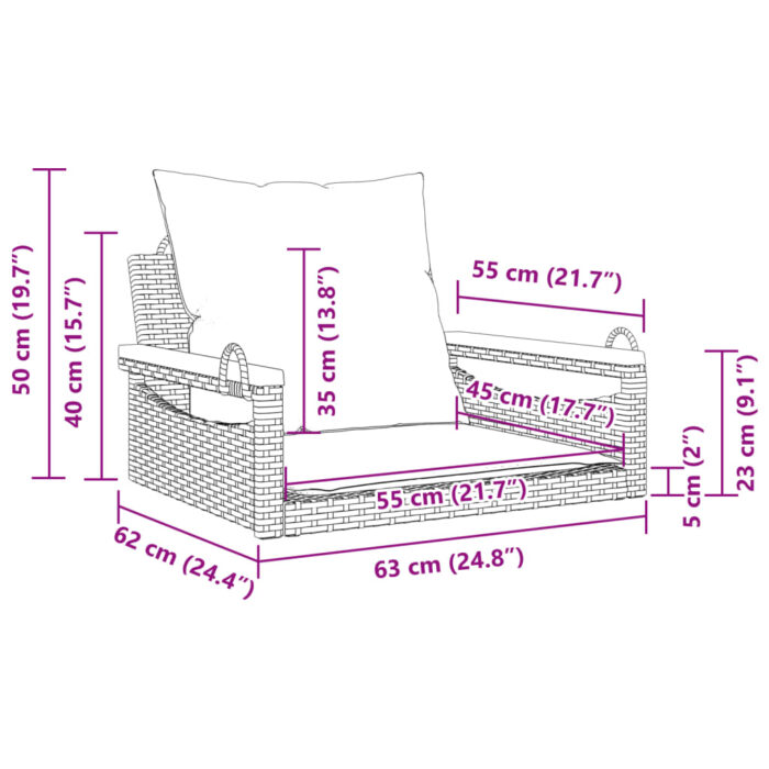 Balancelle avec coussins gris 63x62x40 cm résine tressée – Image 7