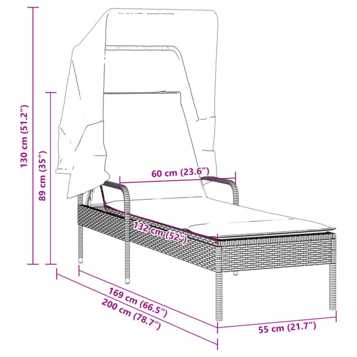 Chaise longue avec auvent beige résine tressée – Image 7