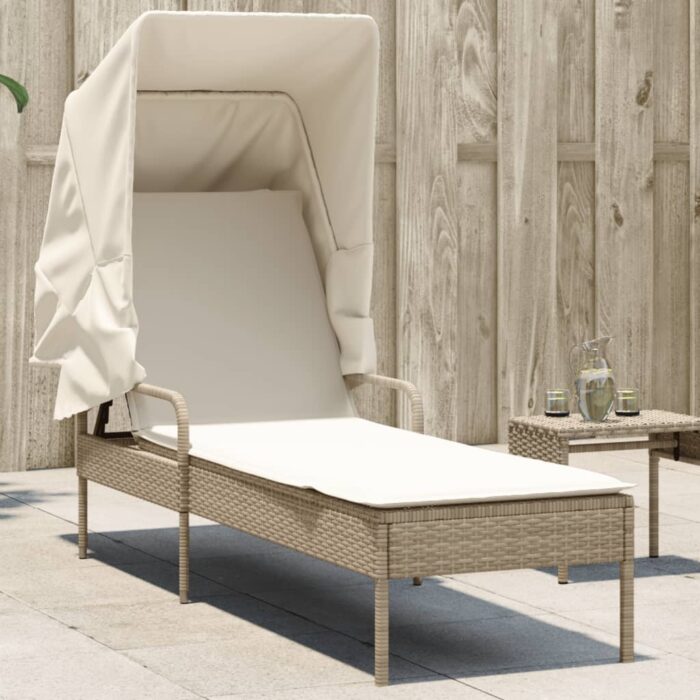 Chaise longue avec auvent beige résine tressée – Image 1