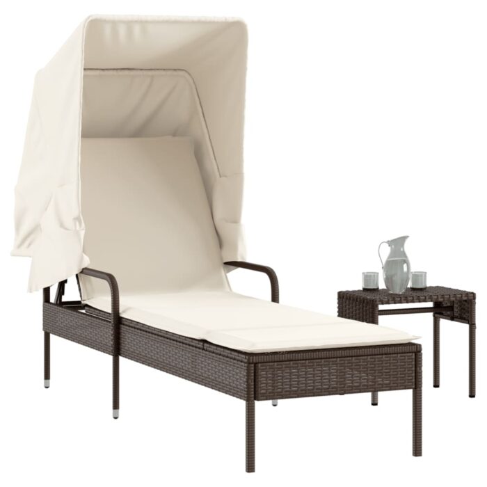 Chaise longue avec auvent et table marron résine tressée – Image 1