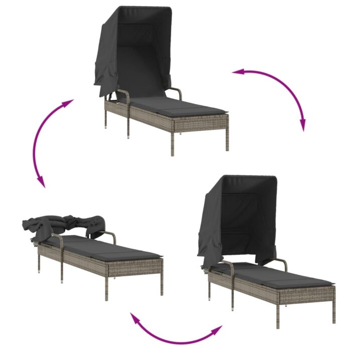 Chaise longue avec auvent et table gris résine tressée – Image 6