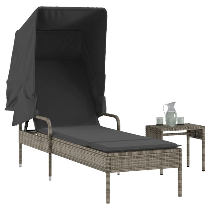 Chaise longue avec auvent et table gris résine tressée – Image 1