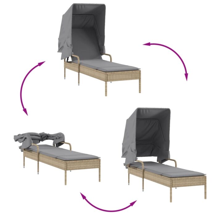Chaise longue avec auvent et table beige résine tressée – Image 6
