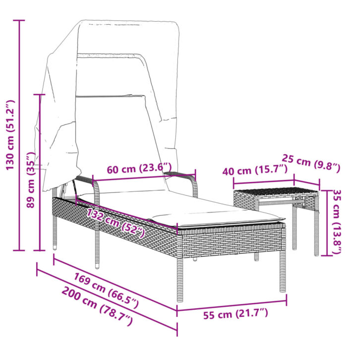 Chaise longue avec auvent et table beige résine tressée – Image 9