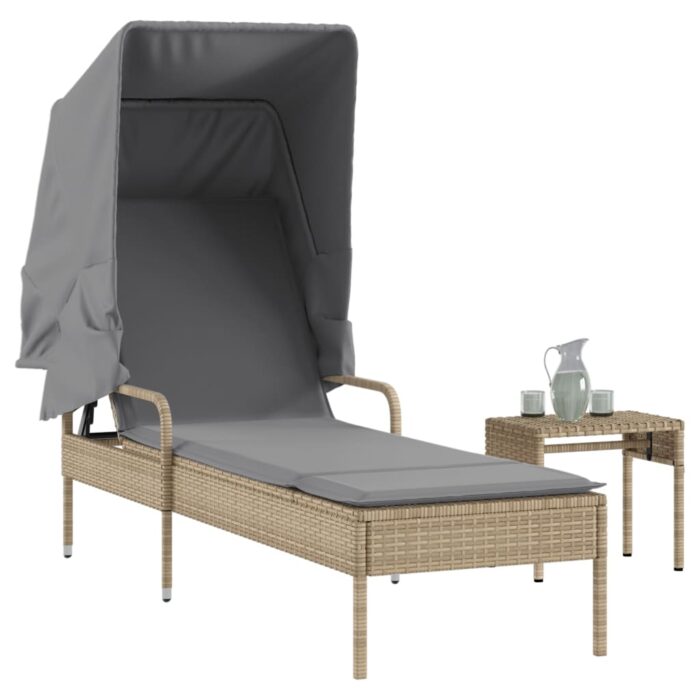 Chaise longue avec auvent et table beige résine tressée – Image 1