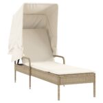 Chaise longue avec auvent et table beige résine tressée – Image 3