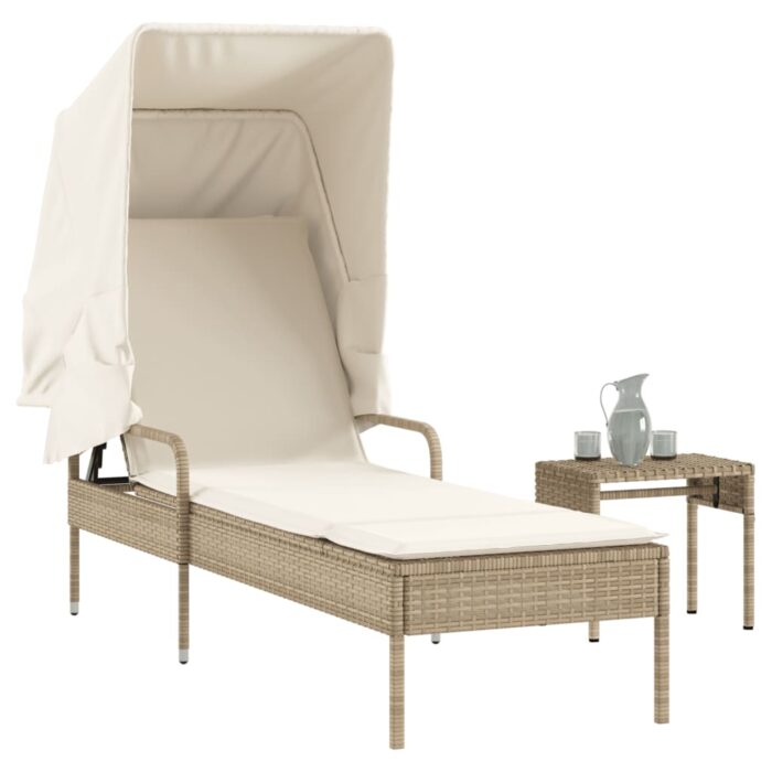 Chaise longue avec auvent et table beige résine tressée – Image 1