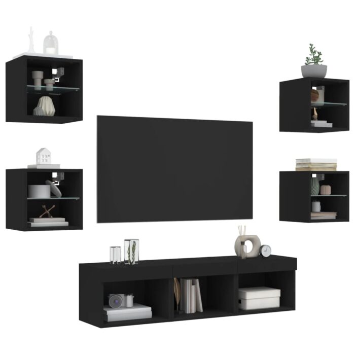 Unités murales TV avec LED 7 pcs noir bois d'ingénierie – Image 2