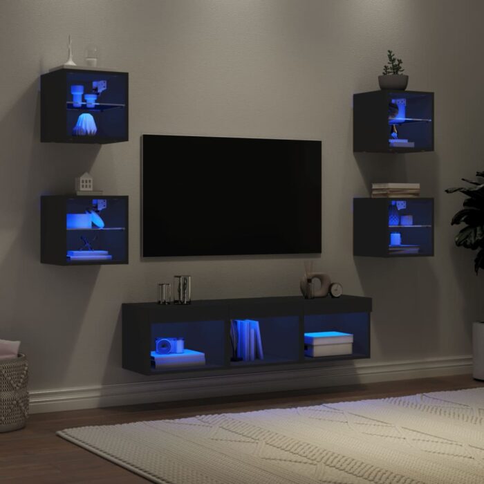 Unités murales TV avec LED 7 pcs noir bois d'ingénierie – Image 1