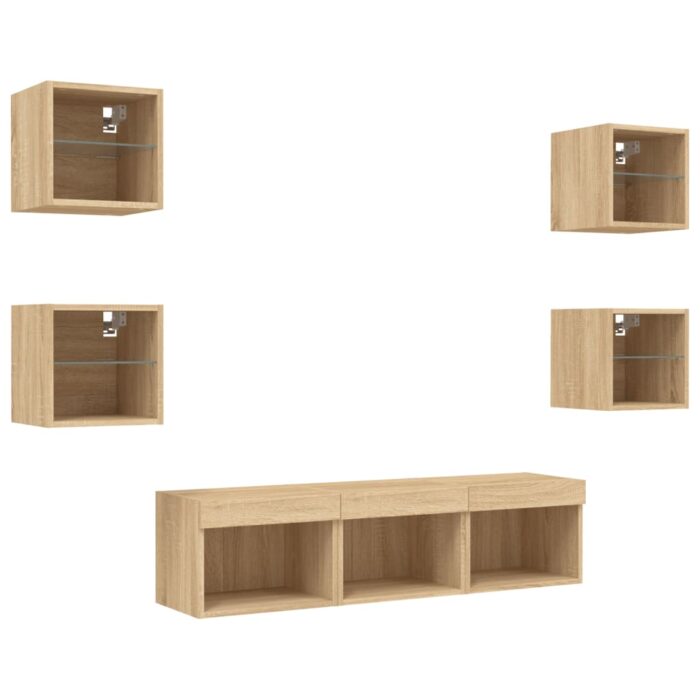 Unités murales TV avec LED 7 pcs chêne sonoma bois d'ingénierie – Image 3