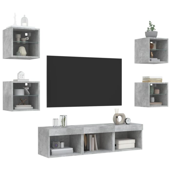 Unités murales TV avec LED 7 pcs gris béton bois d'ingénierie – Image 2