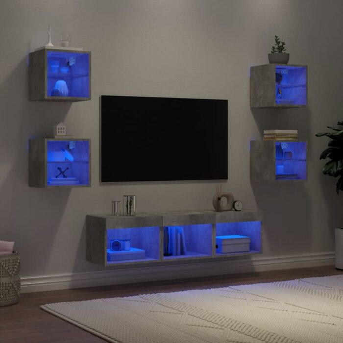 Unités murales TV avec LED 7 pcs gris béton bois d'ingénierie – Image 1