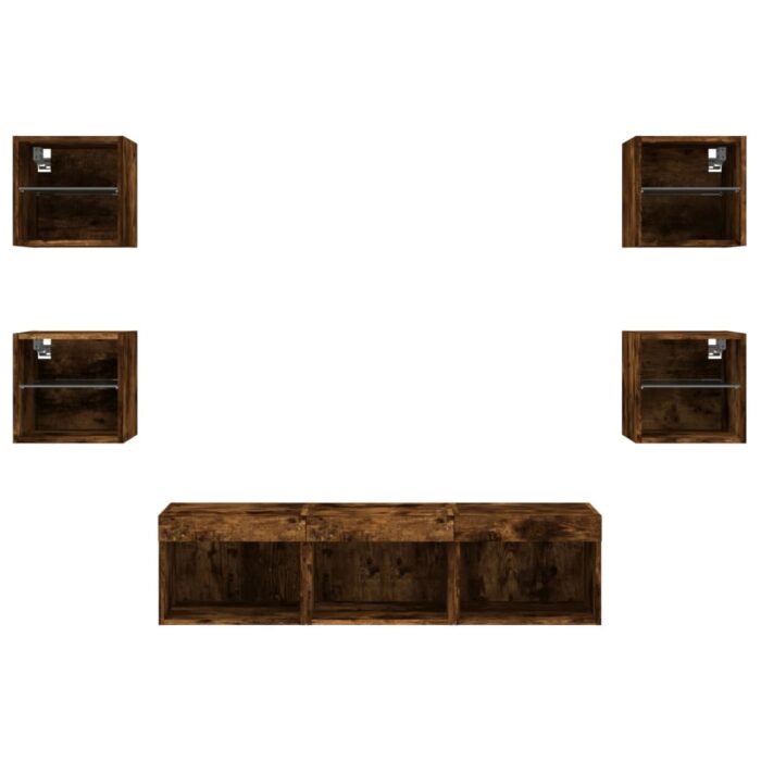 Unités murales TV avec LED 7 pcs chêne fumé bois d'ingénierie – Image 4