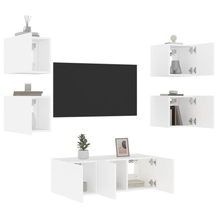 Unités murales TV avec LED 6 pcs blanc bois d'ingénierie – Image 1