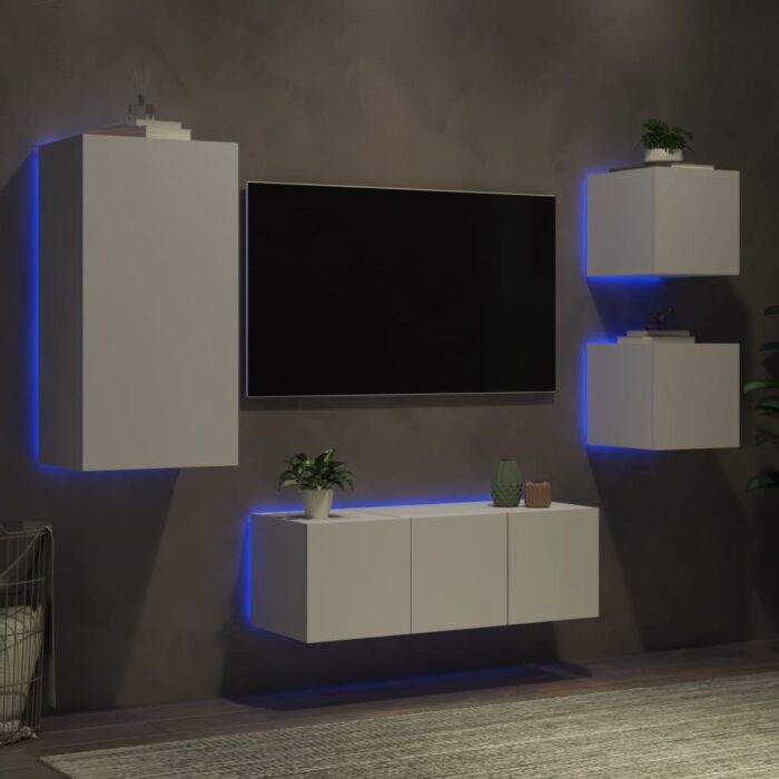Unités murales TV avec LED 5 pcs blanc bois d'ingénierie – Image 2