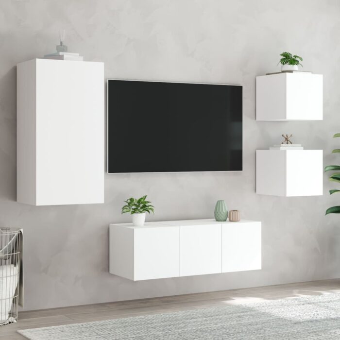 Unités murales TV avec LED 5 pcs blanc bois d'ingénierie – Image 3