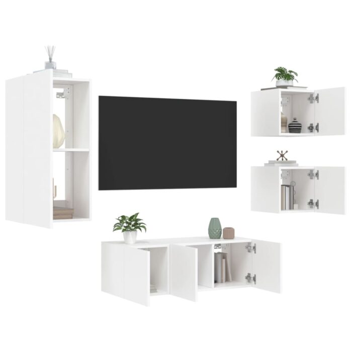 Unités murales TV avec LED 5 pcs blanc bois d'ingénierie – Image 1