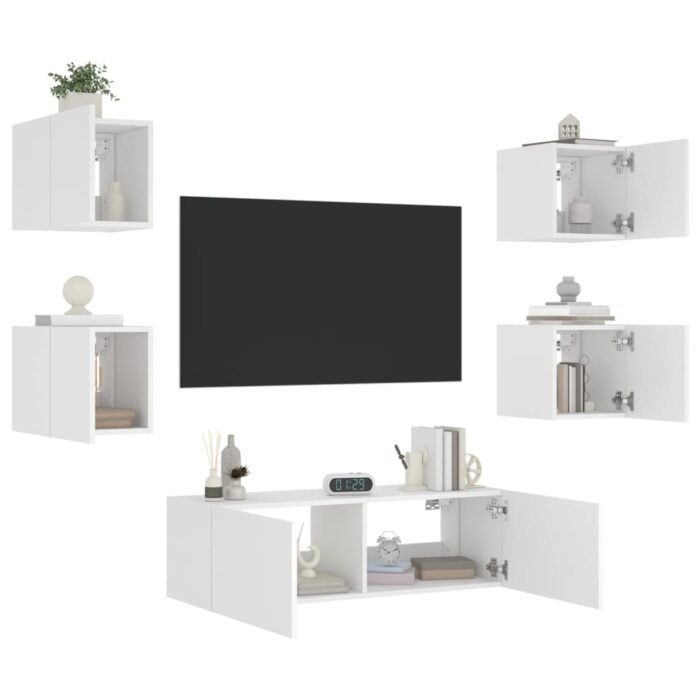 Meuble TV muraux 5 pcs avec lumières LED blanc – Image 1
