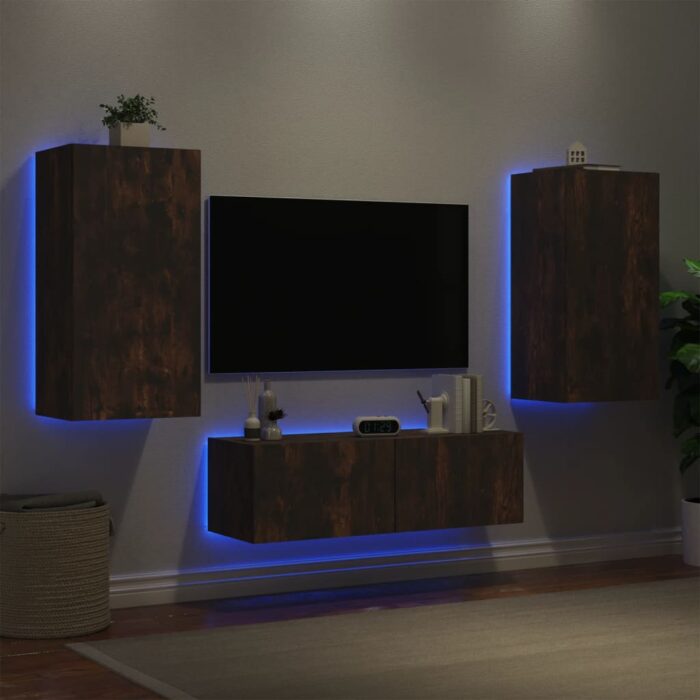 Meuble TV muraux 3 pcs avec lumières LED chêne fumé – Image 2
