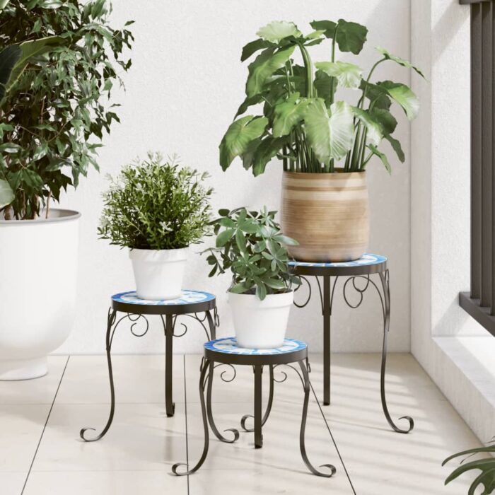 Supports pour plantes 3 pcs bleu et blanc céramique – Image 1