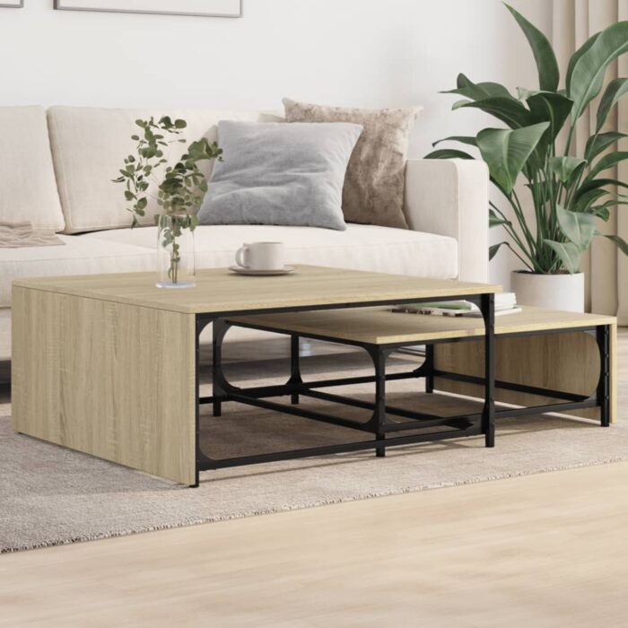 Tables basses gigognes 2 pcs chêne sonoma bois ingénierie métal – Image 1