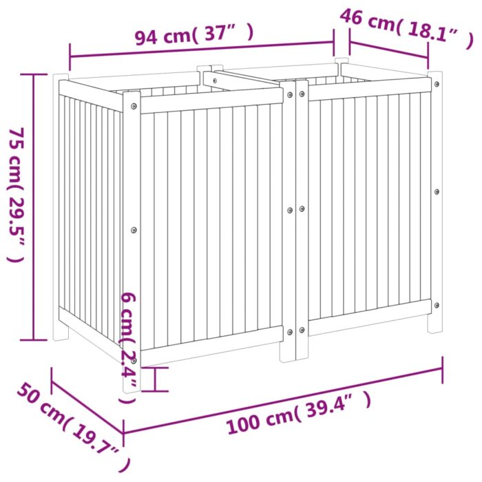 Jardinière avec doublure 100x50x75 cm bois massif d'acacia – Image 7