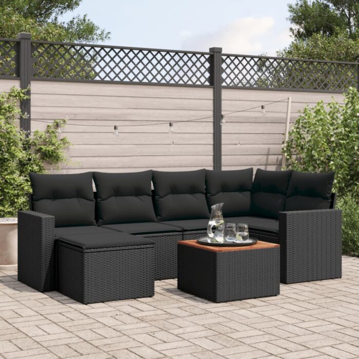 Salon de jardin 7 pcs avec coussins noir résine tressée – Image 1