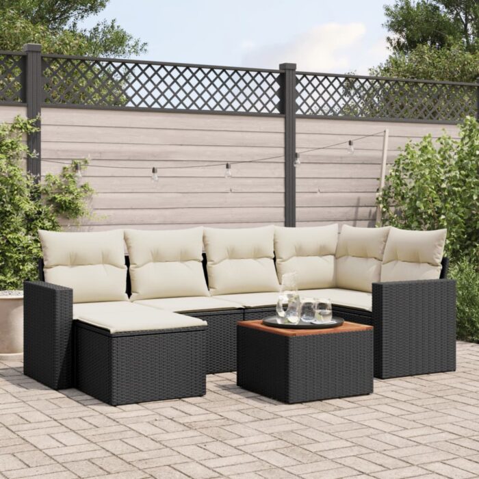 Salon de jardin 7 pcs avec coussins noir résine tressée – Image 1