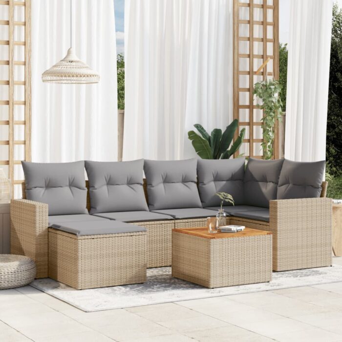 Salon de jardin avec coussins 7 pcs beige résine tressée – Image 1