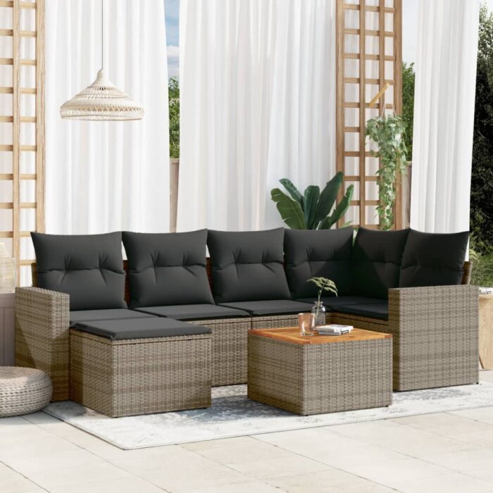 Salon de jardin avec coussins 7 pcs gris résine tressée – Image 1