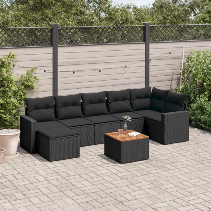 Salon de jardin 8 pcs avec coussins noir résine tressée – Image 1