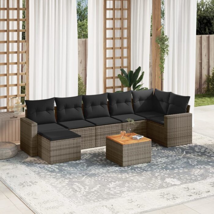 Salon de jardin 8 pcs avec coussins gris résine tressée – Image 1