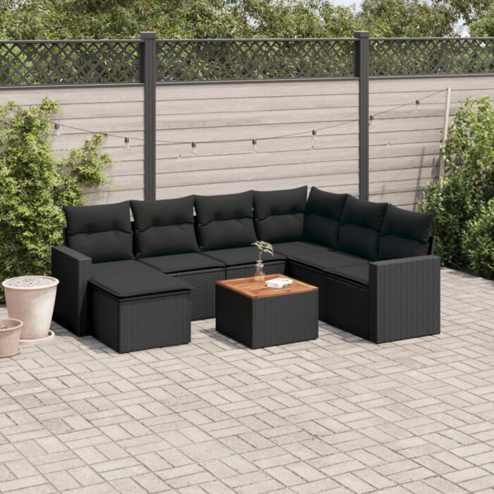 Salon de jardin 8 pcs avec coussins noir résine tressée – Image 1