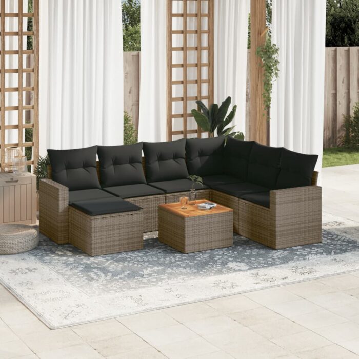 Salon de jardin 8 pcs avec coussins gris résine tressée – Image 1