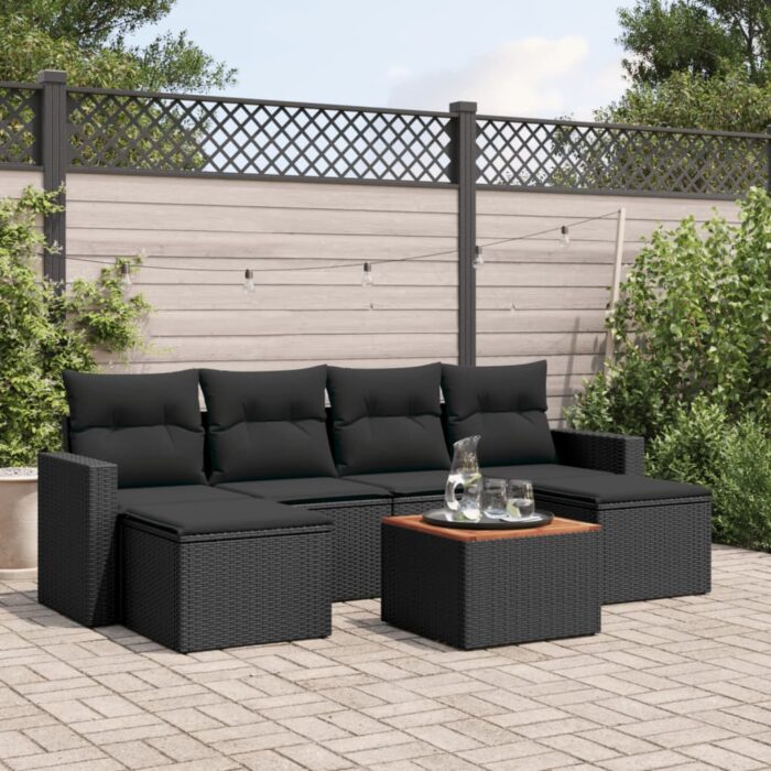 Salon de jardin 7 pcs avec coussins noir résine tressée – Image 1