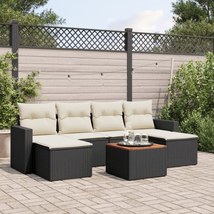 Salon de jardin 7 pcs avec coussins noir résine tressée – Image 1