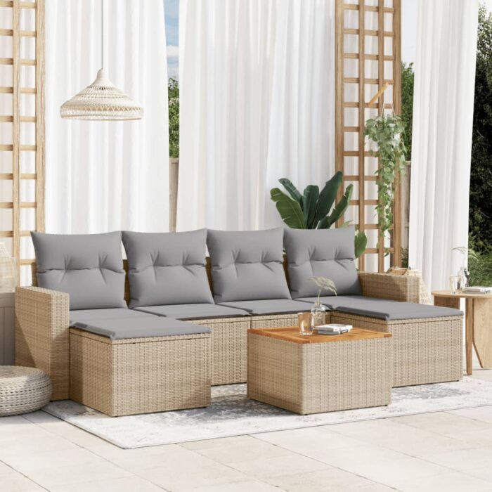 Salon de jardin avec coussins 7 pcs beige résine tressée – Image 1