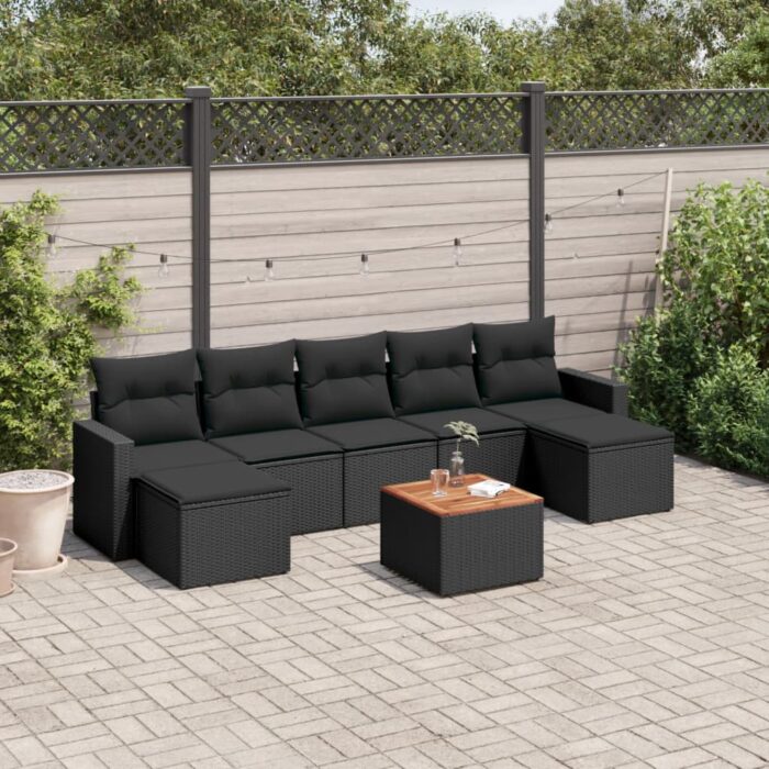 Salon de jardin 8 pcs avec coussins noir résine tressée – Image 1